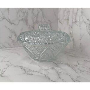 KIG Vintage Clear Fleur De Lis Pattern Cut Glass Round Candy/Trinket Dish w/Lid